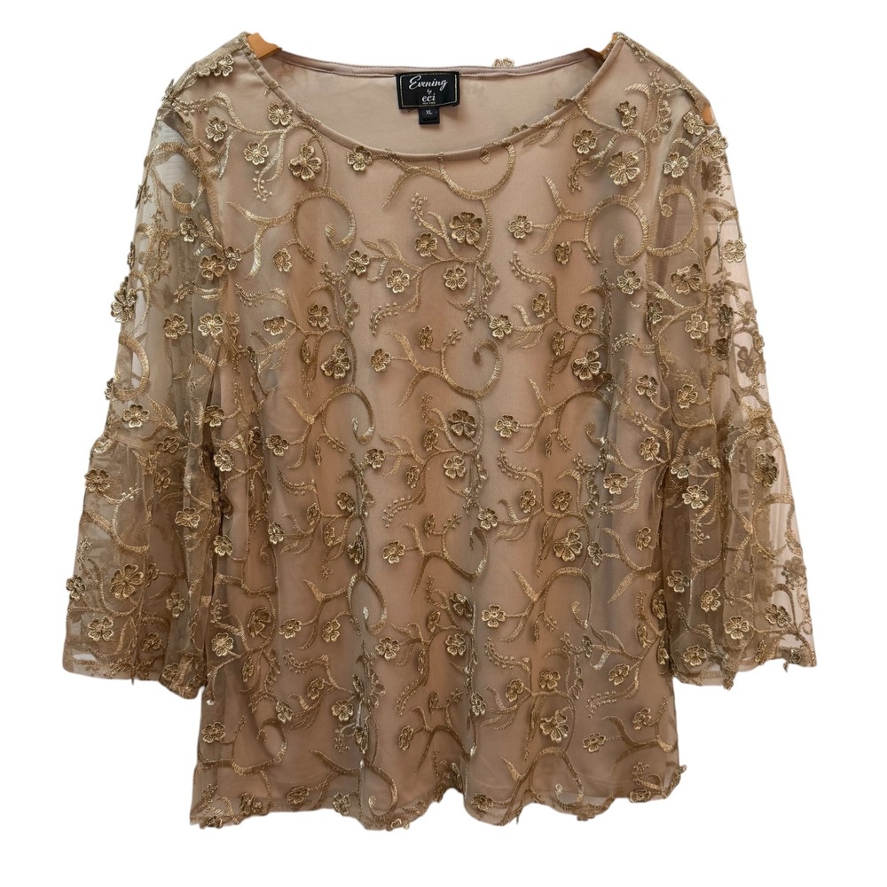 Evening by ECI New York Floral Embroidered Mesh Bell Sleeve Blouse Gold XL‎